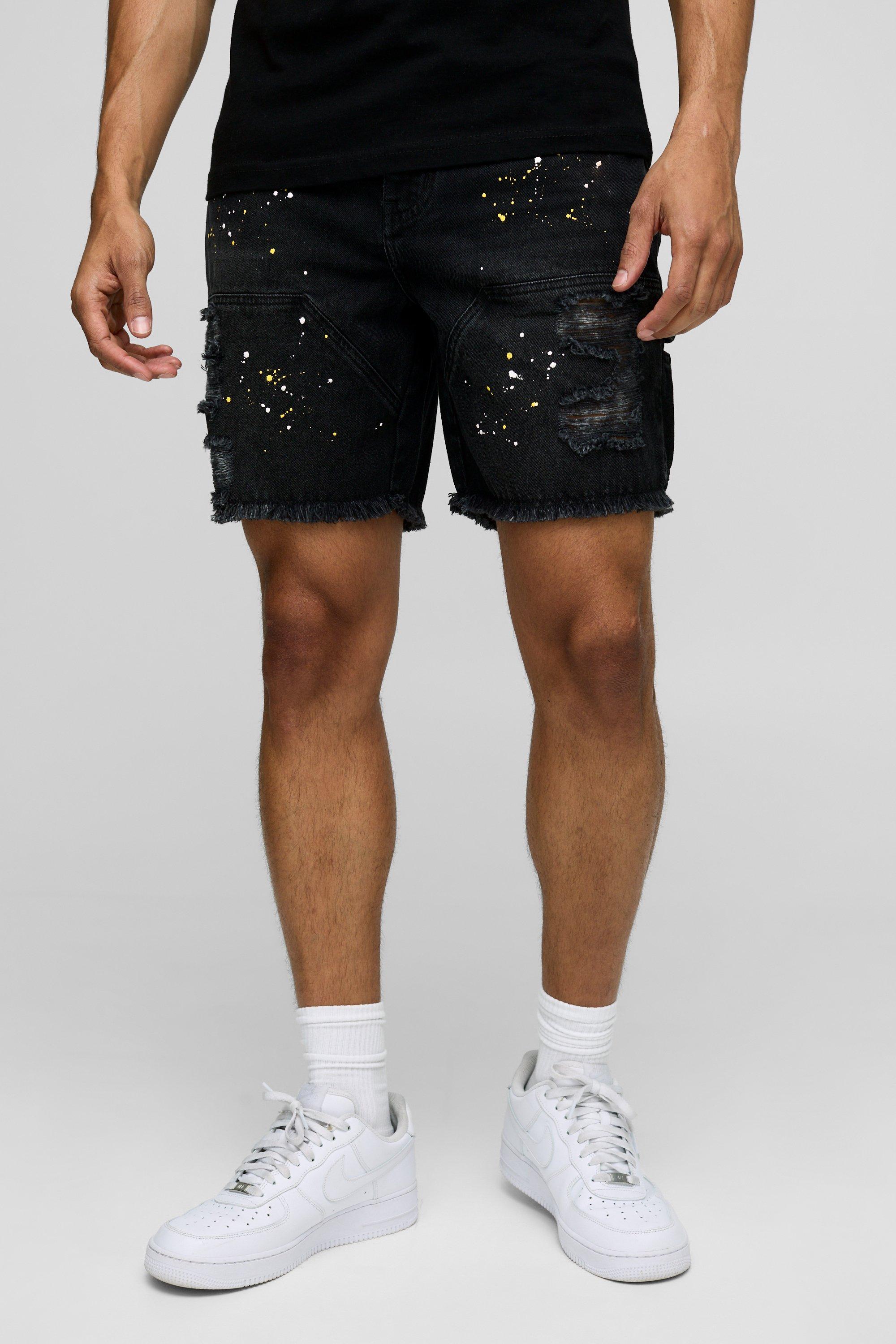 Relaxed Fit Ripped Paint Splatter Carpenter Denim Shorts